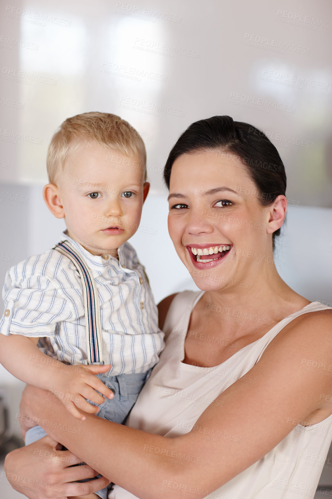 Buy stock photo Woman, child and portrait in house with smile, development and happiness for love, youth and care indoor. Mother, young boy or holding kid and happy for bonding together, family and cute on weekend 