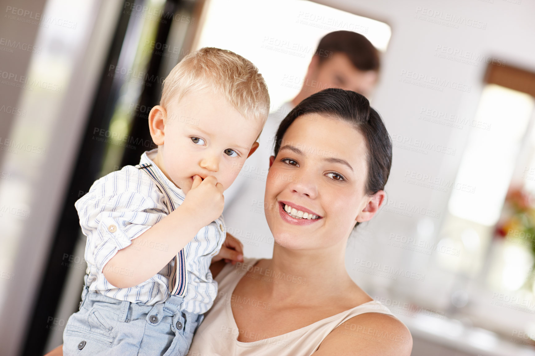 Buy stock photo Mother, child and bonding portrait in home with happiness in childhood and love of family in hug. Kid, toddler and mom embrace together on holiday or vacation with growth or development in house