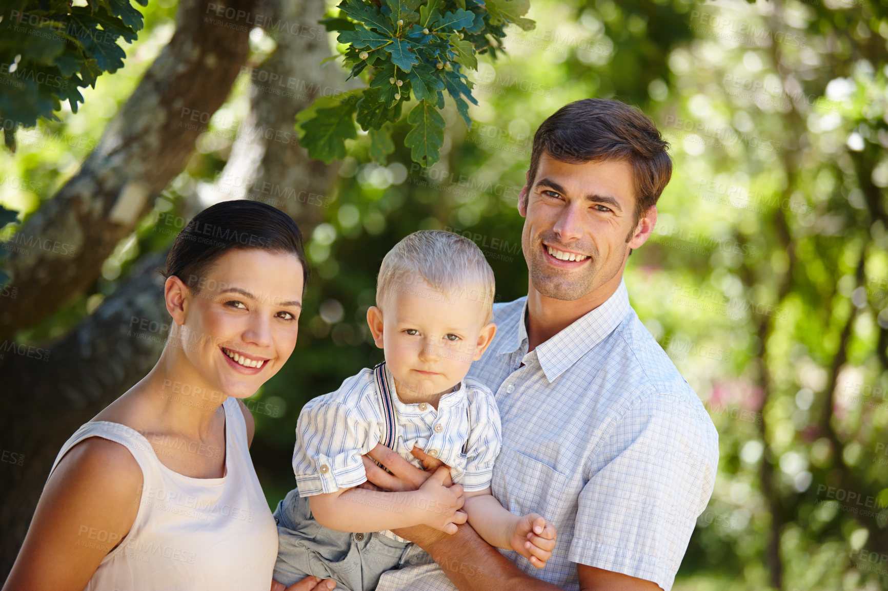 Buy stock photo Parents, child and happy in outdoor, portrait and garden for bonding, development and growth. Man, woman and boy with smiling, family and childhood for summer, backyard and home for togetherness