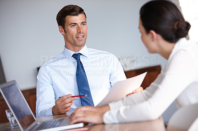 Buy stock photo Hr, employee or applicant meet for job interview, teamwork or business negotiation to read and email paperwork. Colleagues, discuss and check contract info for collaboration, partnership or deal