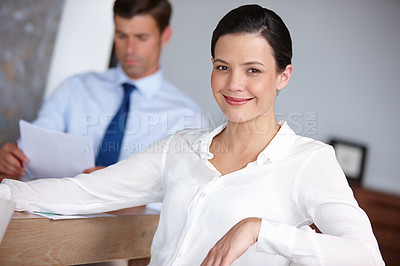 Buy stock photo Happy, woman and portrait of financial advisor in office for consultation on asset management with client. Professional, advice and person reading report, portfolio or review finance for business