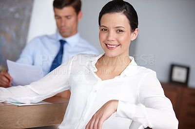 Buy stock photo Happy, woman and portrait of financial advisor in office for consultation on asset management with client. Professional, advice and person planning report, portfolio or review finance for business