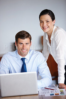 Buy stock photo Happy, portrait and business people with teamwork on laptop and learning from mentor on project in office. Professional, training and collaboration on spreadsheet, document and online data analysis