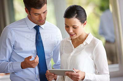 Buy stock photo Business people, happy and meeting with tablet for planning, partnership or company project in office. Professional, man and woman with technology for communication or collaboration on proposal