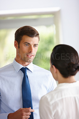 Buy stock photo Man, woman and speaking on collaboration for job, career or opportunity in working together for company. Business people, in communication or conversation for teamwork, deal and negotiation 