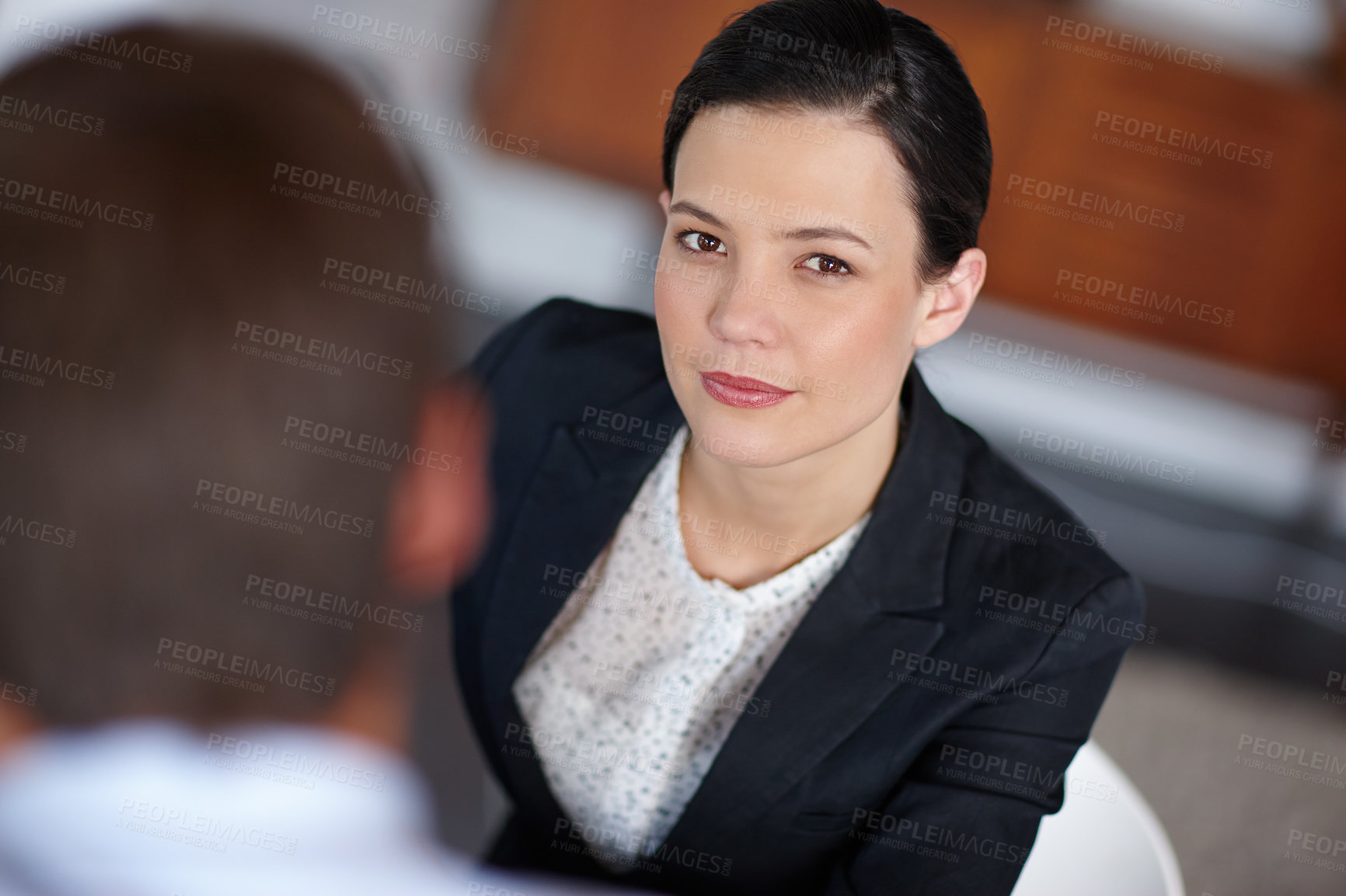 Buy stock photo Portrait, female employee and office for job interview with application, vacancy and hiring at corporate company. Happy, businesswoman and discussion meeting in formal clothes for recruiting process 