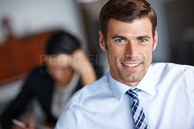 Buy stock photo Portrait, businessman and happiness with shirt in office for company, employee and working. Smile, corporate and face of male person with tie in workplace for professional worker, formal and career