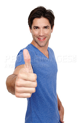 Buy stock photo Man, studio and portrait with thumbs up for fashion with casual outfit, smiling and proud with confidence. Male person, happy and white background with informal style for thank you with pride