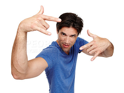 Buy stock photo Portrait, man and punk with rock hands in studio for music, sign language and inside on backdrop. Male person, comical gesture and isolated on white background for playfulness, humor and amusement