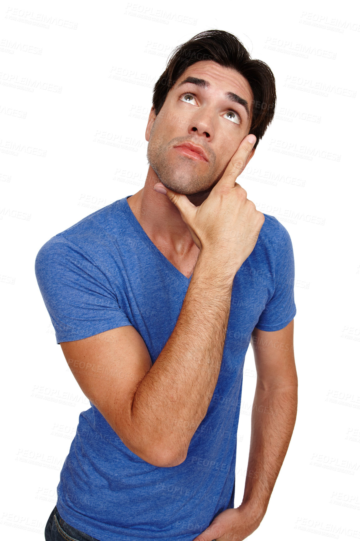 Buy stock photo Thinking, why and man in studio looking up for solution, answer or advice on white background. Idea, doubt and male model with emoji questions, curious or planning, brainstorming or problem solving