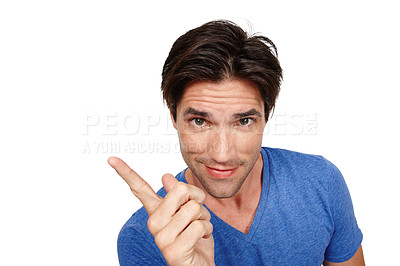 Buy stock photo Man, pointing for advertising and mockup in portrait, information or announcement with news on white background. Marketing, promotion or direction with notice, sign or presentation with coming soon