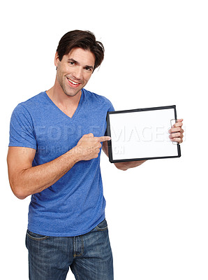 Buy stock photo Portrait, pointing or happy man with a board for announcement promotion, marketing or advertising deal. Studio, offer and person with blank mockup space or card isolated on white background for sales