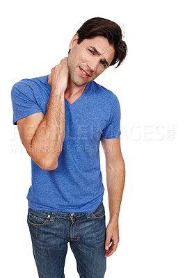 Buy stock photo Neck pain, stress and portrait of man in studio with burnout, crisis or joint disaster on white background. Injury, bone and male model face with anatomy, risk or frustrated by tension or emergency