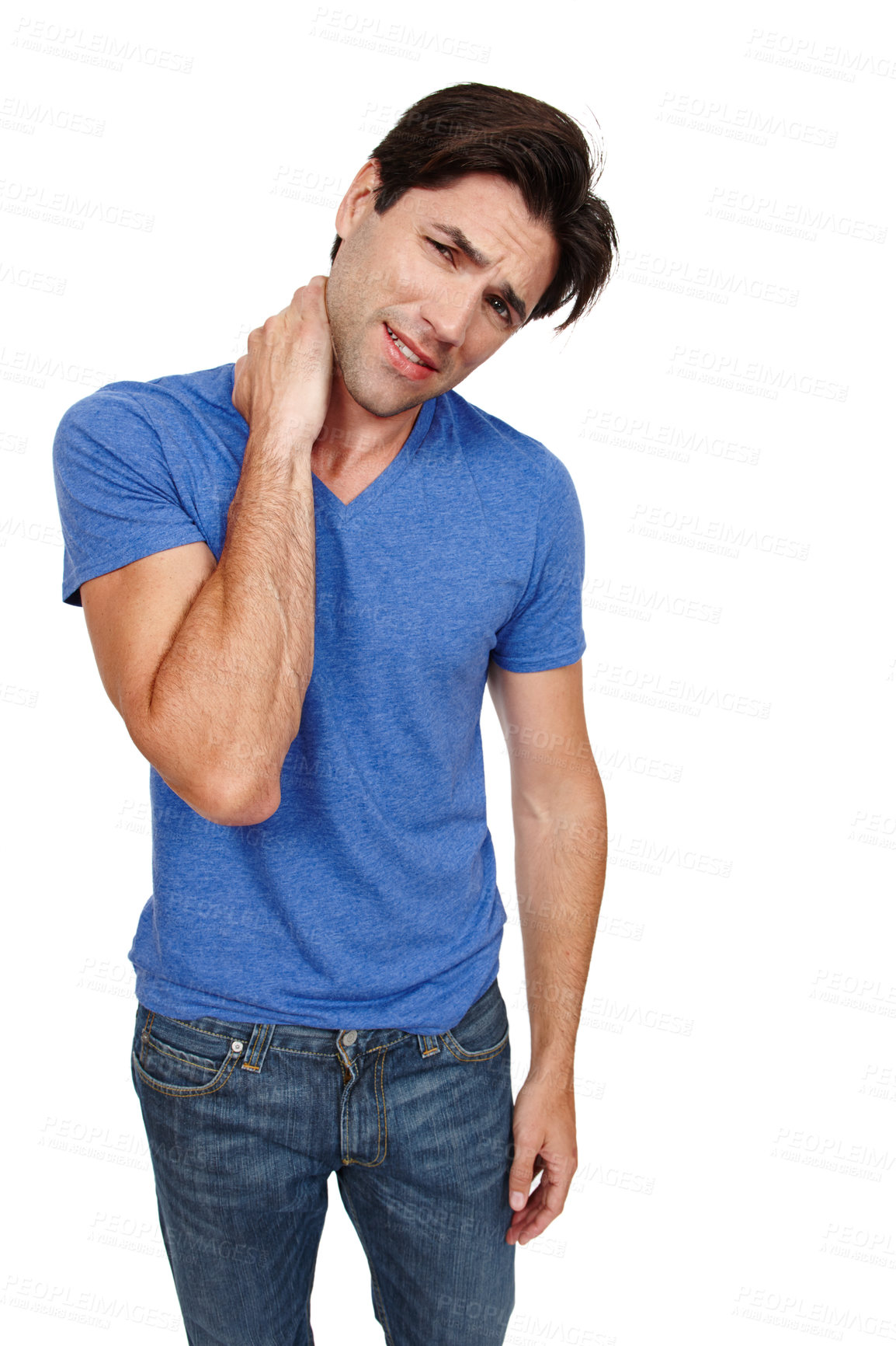 Buy stock photo Neck pain, stress and portrait of man in studio with burnout, crisis or joint disaster on white background. Injury, bone and male model face with anatomy, risk or frustrated by tension or emergency