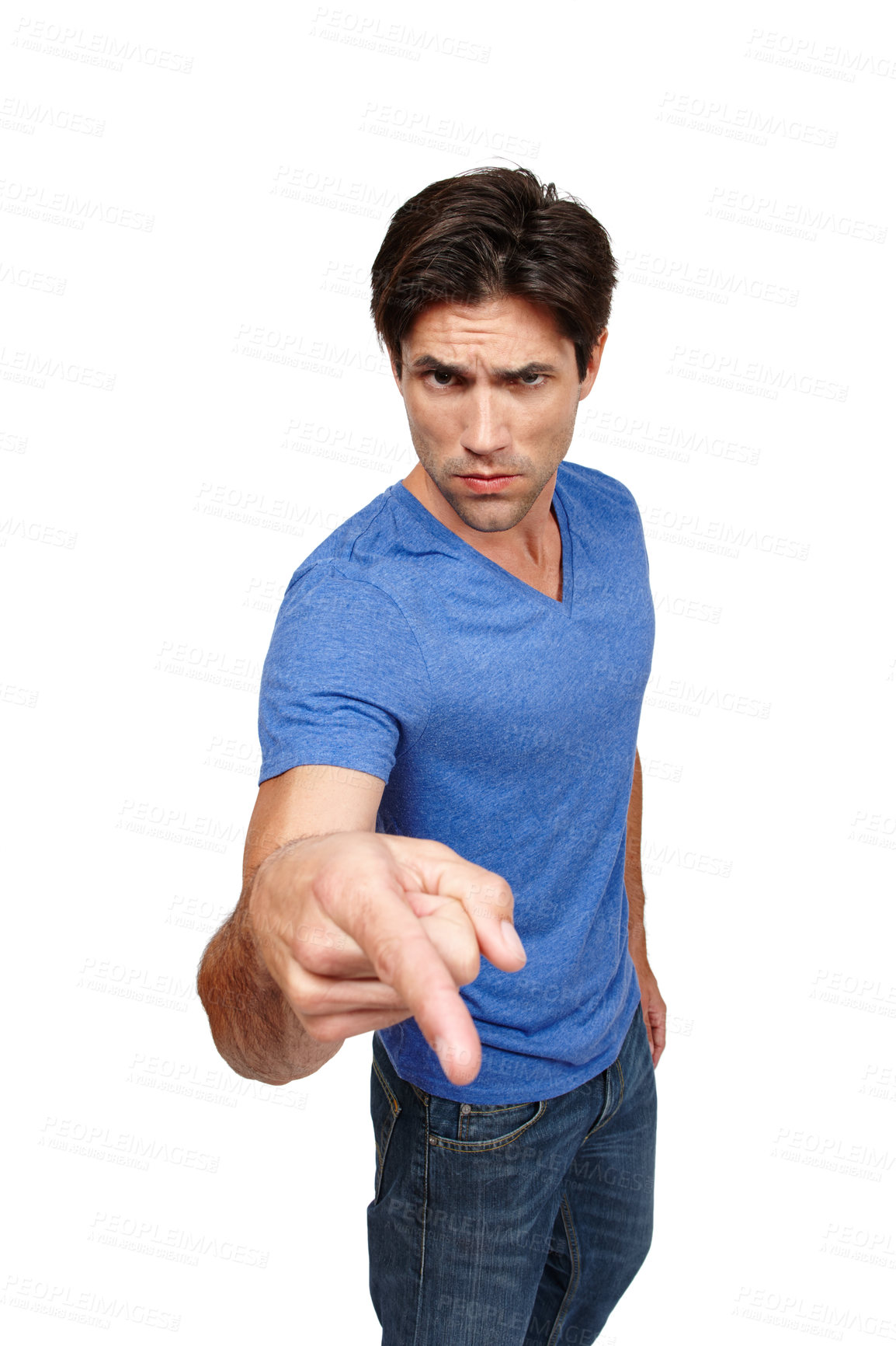 Buy stock photo Serious man, pointing and finger in studio for motivation, encourage and inspiration. Male person, gesture and hand with portrait on isolated white background for determination, support and approval