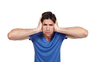 Buy stock photo Frustrated, portrait or man with hands on ears in studio and angry with noise, news or sensitive hearing on white background. Anxiety, stress and male model face with stop, loud or deaf emoji gesture