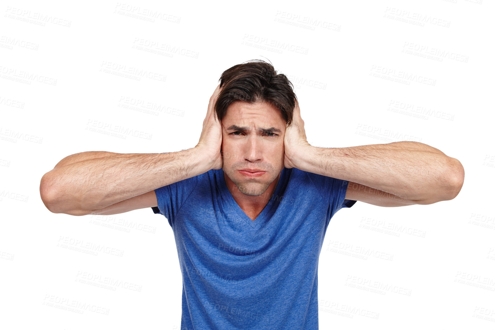 Buy stock photo Frustrated, portrait or man with hands on ears in studio and angry with noise, news or sensitive hearing on white background. Anxiety, stress and male model face with stop, loud or deaf emoji gesture