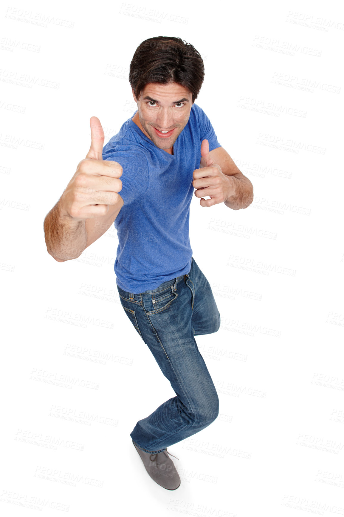 Buy stock photo Man, portrait and thumbs up for approval in studio, yes and motivation for winner on white background. Male person, top view and like emoji for agreement or success, promotion and great or thank you