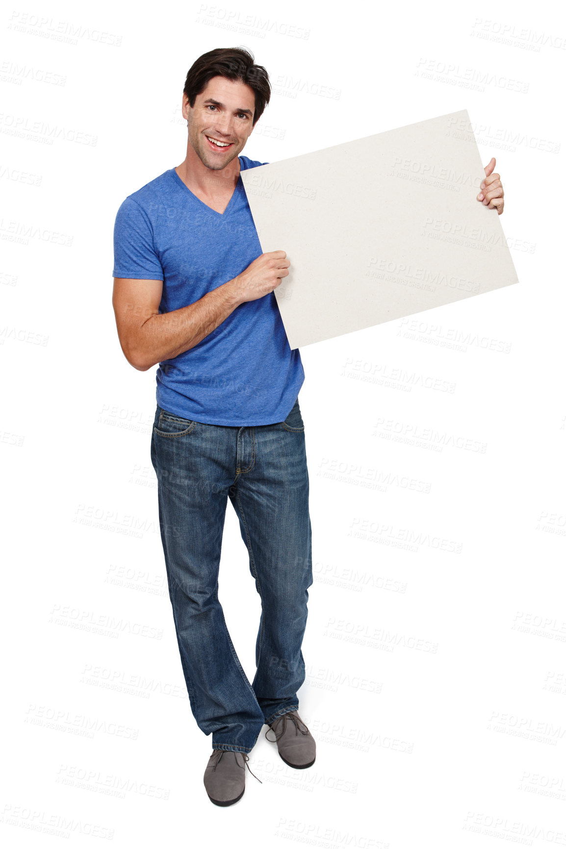 Buy stock photo Poster, portrait and man with mockup in studio for announcement, information or faq on white background. Banner, face and male model with empty, space or billboard for news, offer or presentation