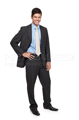 Buy stock photo Businessman, portrait and happy with hand on hips, isolated and confidence in studio or white background. Male person, well dressed and smiling in backdrop for recruitment, hiring and job opportunity