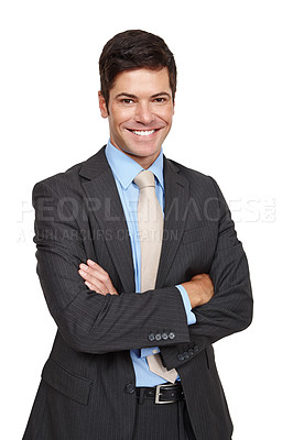 Buy stock photo Businessman, portrait and smiling with suit, isolated and confident in studio or white background. Male person, well dressed and happy in backdrop for recruitment, hiring and job opportunity