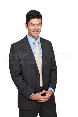 Buy stock photo Businessman, portrait and happy with pride, isolated and confidence in studio or white background. Male person, professional and smilie in backdrop for recruitment, hiring and job opportunity in hr