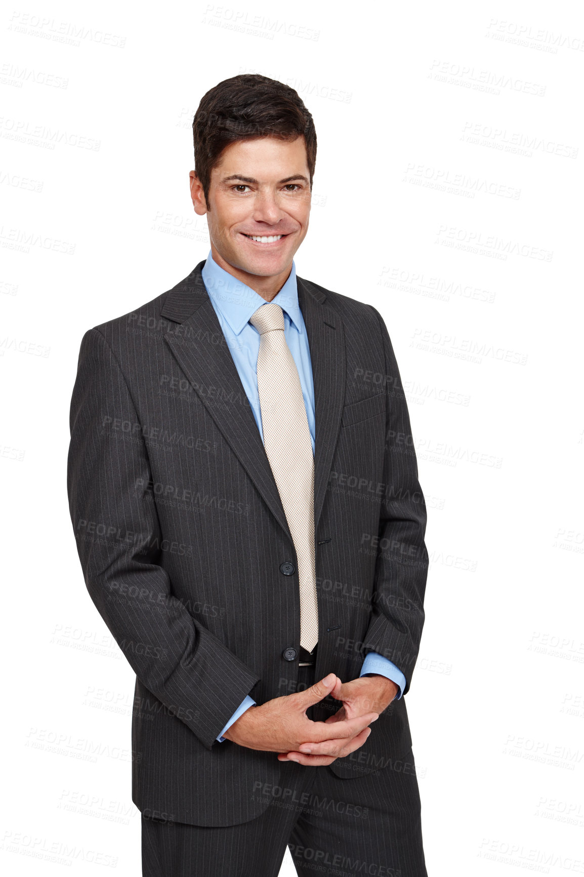 Buy stock photo Businessman, portrait and happy with pride, isolated and confidence in studio or white background. Male person, professional and smilie in backdrop for recruitment, hiring and job opportunity in hr