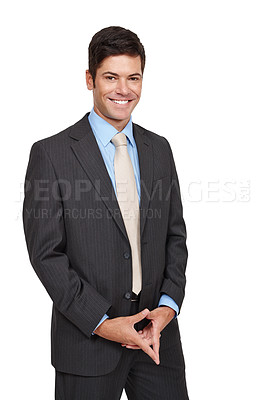 Buy stock photo Portrait, businessman and smiling with suit, isolated and confidence in studio or white background. Male person, well dressed and happy in backdrop for recruitment, hiring and job opportunity