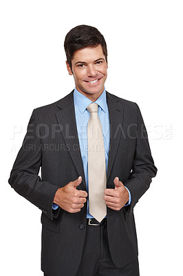 Buy stock photo Businessman, portrait and happy with confidence, isolated and suit in studio or white background. Male person, well dressed and smiling in backdrop for recruitment, hiring and job opportunity