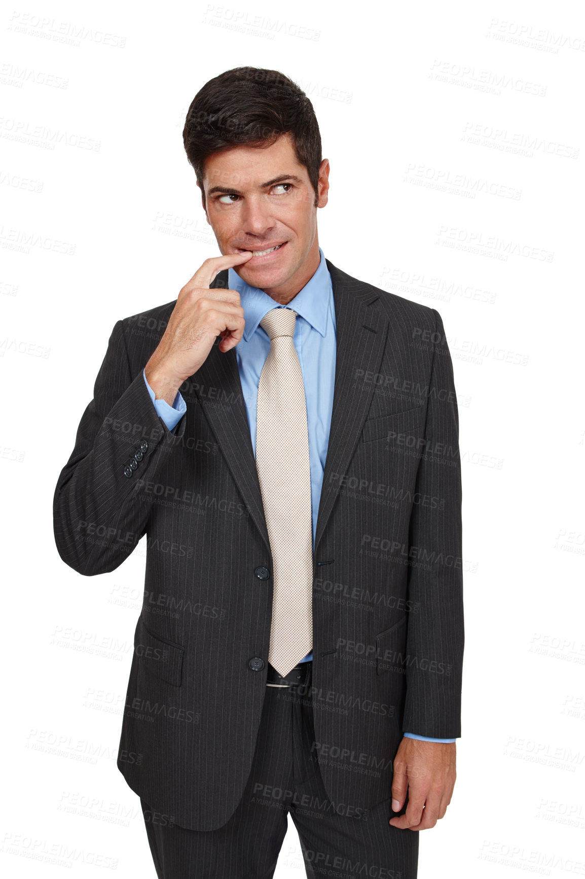 Buy stock photo Anxiety, businessman and nail biting, in portrait with stress, thinking and problem solving for debt in studio. Confused, man or worker and idea for mental health isolated on white background