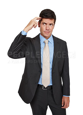 Buy stock photo Portrait, businessman and confused with thinking, isolated and consultant in studio or white background. Male person, professional and mindful for solution in puzzled, unclear on decision in backdrop