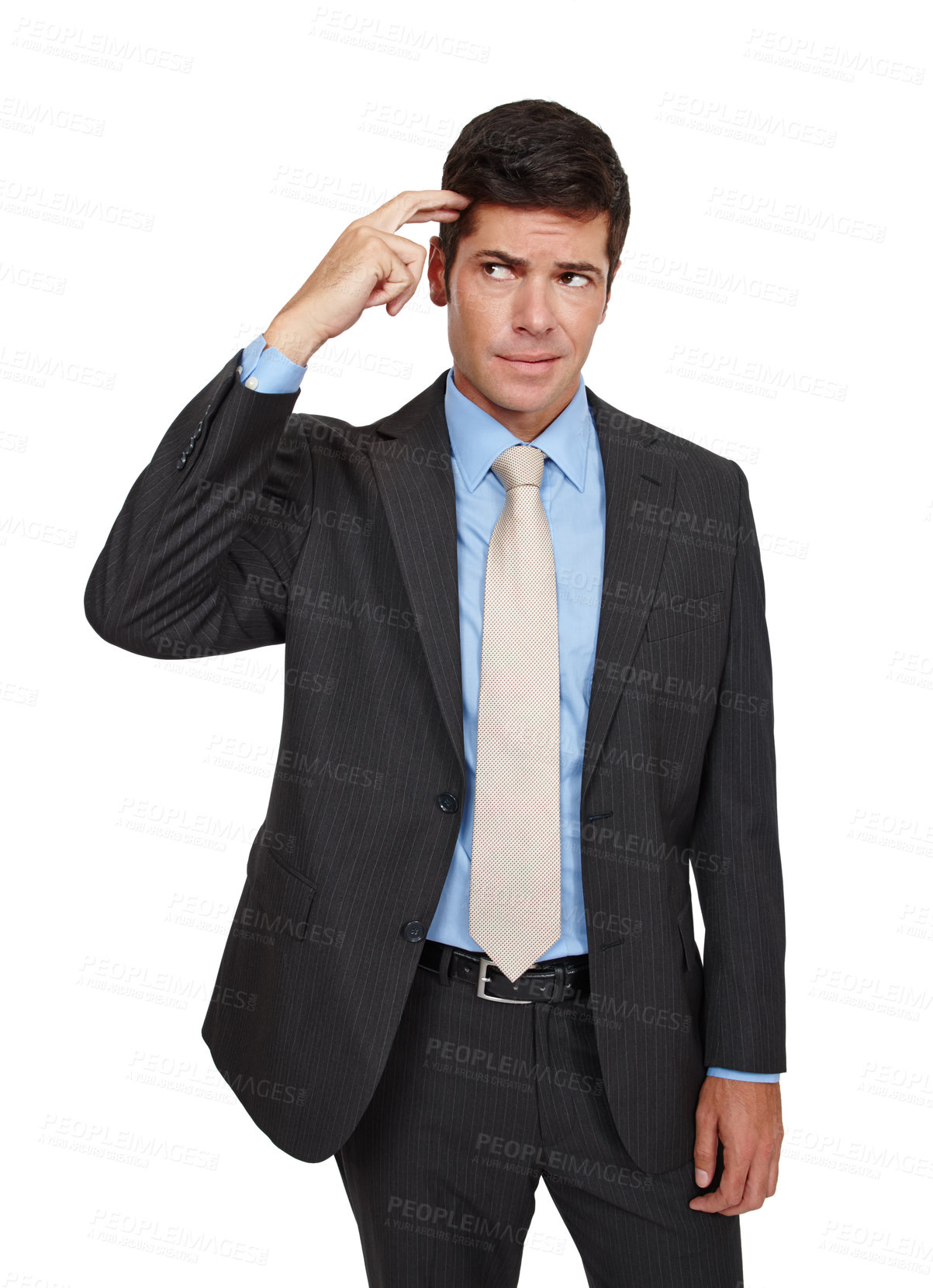 Buy stock photo Portrait, businessman and confused with thinking, isolated and consultant in studio or white background. Male person, professional and mindful for solution in puzzled, unclear on decision in backdrop