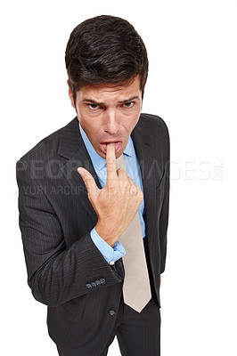 Buy stock photo Portrait, businessman and gesture in disgust with gagging, disapproval and negativity in studio. Male person, professional and finger in mouth in negative, expression and reaction in white background