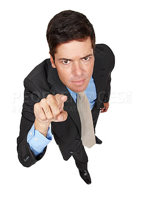 Buy stock photo High angle studio portrait of an angry businessman pointing at the camera 