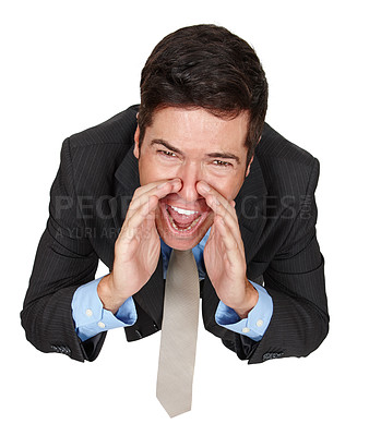 Buy stock photo Above, portrait and businessman with shouting, screaming and loud in studio or white background. Male person, high angle and gesture in backdrop for expression, frustration and emotions with energy