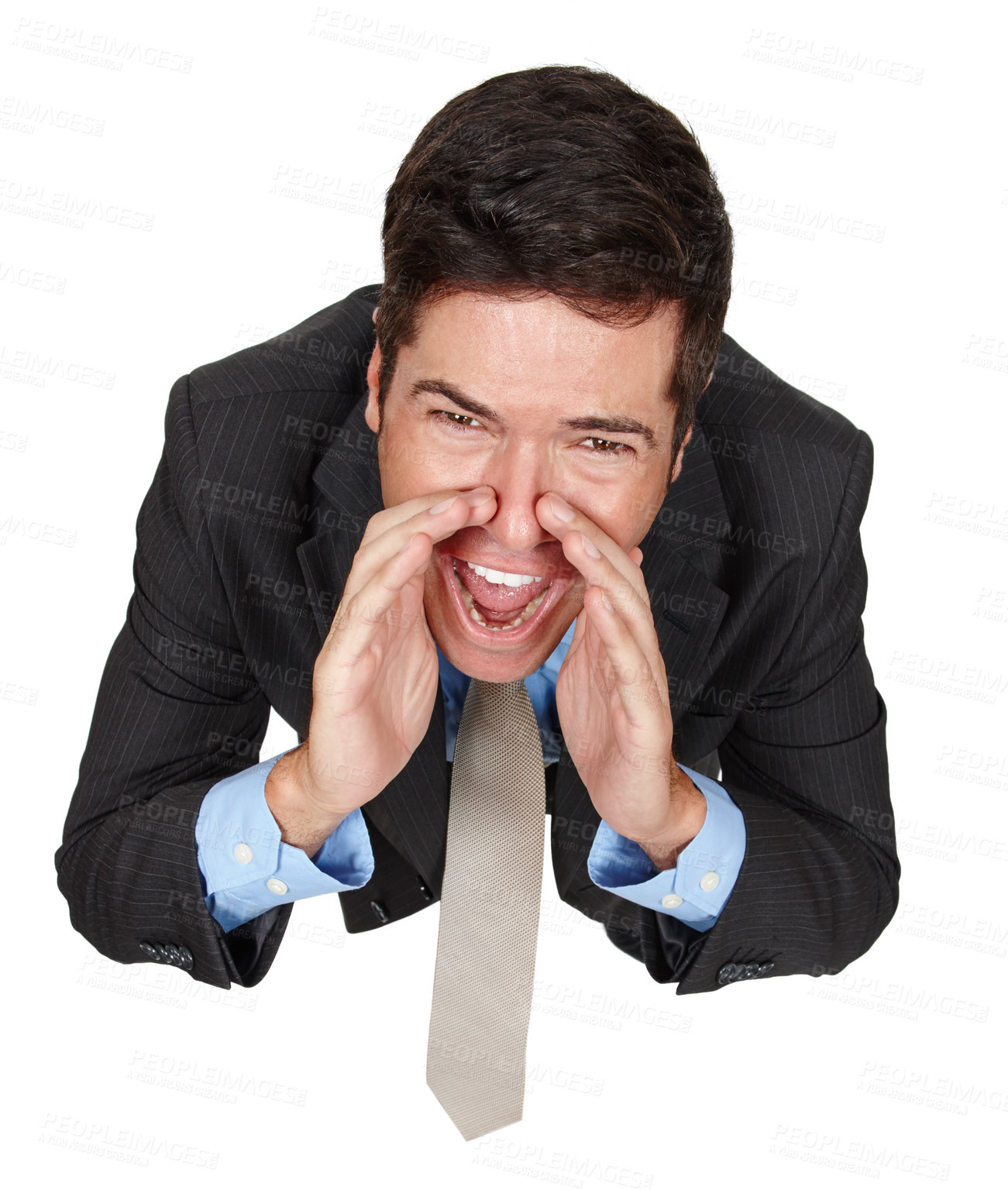 Buy stock photo Above, portrait and businessman with shouting, screaming and loud in studio or white background. Male person, high angle and gesture in backdrop for expression, frustration and emotions with energy