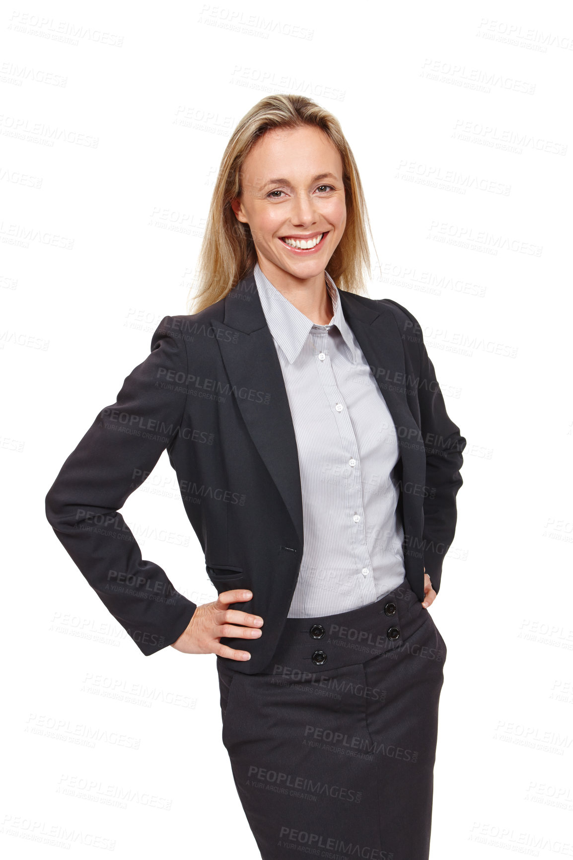 Buy stock photo Business, woman and portrait in studio with confidence for success, career and mission. Corporate female, happy and smile with mindset , goals and motivation for company on isolated white background