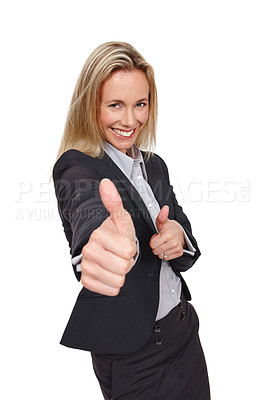 Buy stock photo Businesswoman, portrait and thumbs up for approval in studio, yes and thank you for win on white background. Female person, okay and like emoji for reputation or success, promo and great or well done