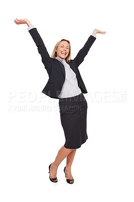 Buy stock photo Woman, excited and portrait for success in career, corporate planning and project management for business on white background. Young lady or consultant isolated with cheerful body gesture for company