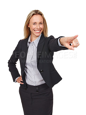 Buy stock photo Business woman, portrait and selection in studio, promotion and information on white background. Happy female person, mockup space and offer a deal, announcement and pointing for choice or decision