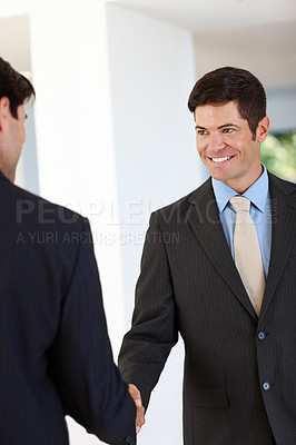 Buy stock photo Businessman, handshake and corporate man with smile in office for partnership, collaboration and deal. Business, agreement and partner with contract, success and welcome for career, job and company
