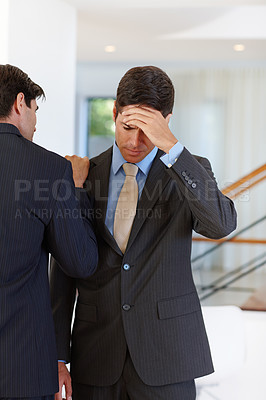 Buy stock photo Business men, console and together for stressful problem and disappointment for occupation and corporate deal. Manager or consultant and sad with partner and headache for worried in career job