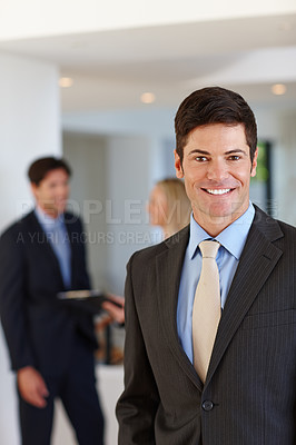Buy stock photo Happy, man and professional portrait of financial advisor in company with confidence for consultation. Corporate, businessman and excited by knowledge on economy and working with clients in office