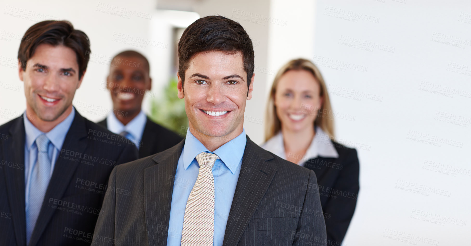 Buy stock photo Happy, portrait and professional teamwork with business people in company on corporate project with confidence. Businessman, leadership and working with staff or clients in office mockup with pride