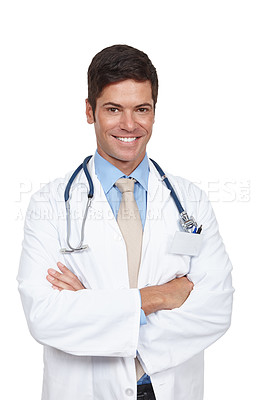 Buy stock photo Smile, man and doctor with stethoscope and arms crossed in portrait for medicare or healthcare in studio. Happy, male person and surgeon with confidence, trust and support for cardiology or medicine