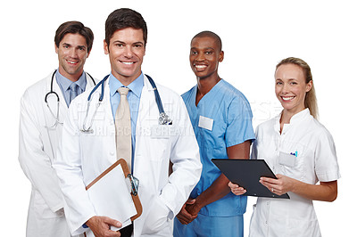 Buy stock photo Happy, group and doctors in portrait for teamwork, healthcare and collaboration in studio. Smile, surgeon and nurses with paperwork or documents and support for communication and leadership 