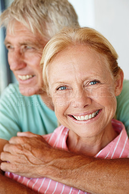 Buy stock photo Senior, couple and portrait with smile or hug for support, commitment or healthy marriage and retirement. Elderly, man and face of woman with happiness for embrace, trust or affection in relationship