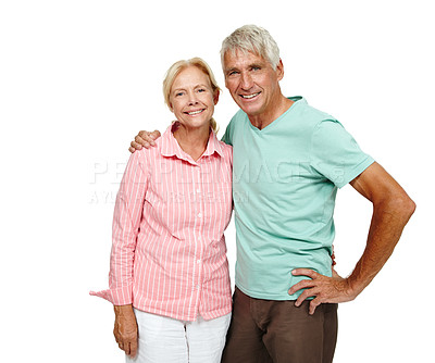Buy stock photo Senior couple, portrait and hug in studio with love, smile and happy for wedding anniversary, celebrate and marriage. Mature people, together and embrace for memories on isolated white background