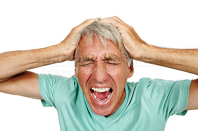 Buy stock photo Stress, screaming or senior man in studio with mistake, headache or mental health disaster on white background. Anxiety, fear or old male model shouting, overthinking or frustrated, brain fog or loss