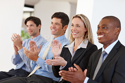 Buy stock photo Business people, audience and clapping for success at seminar, event and conference for training. Employees, team and applause for motivation or praise for achievement, cheering and support in office